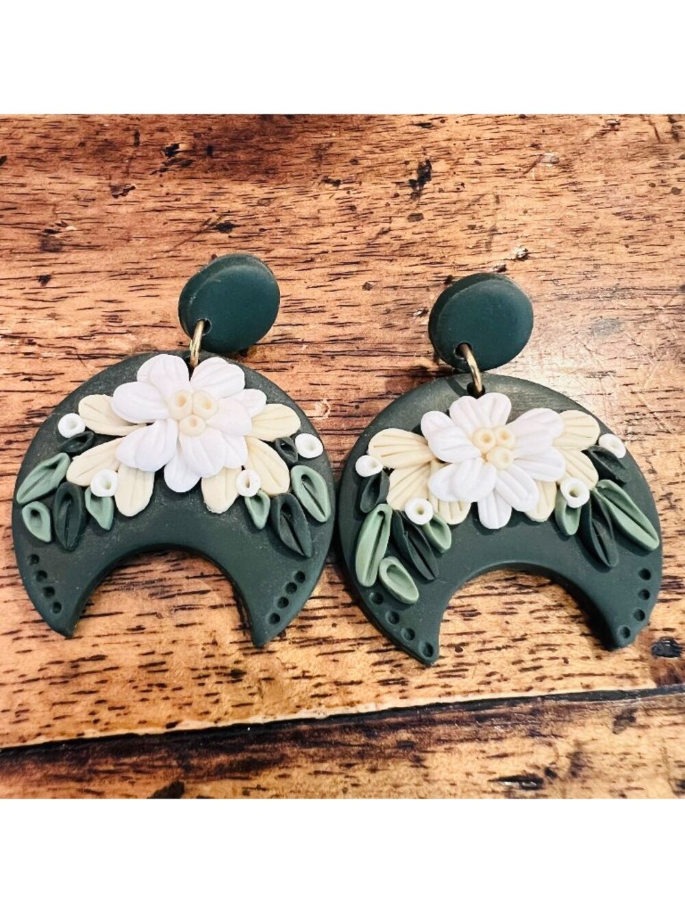 Handmade Polymer Clay Floral Crescent Moon Earrings Black, Green & White